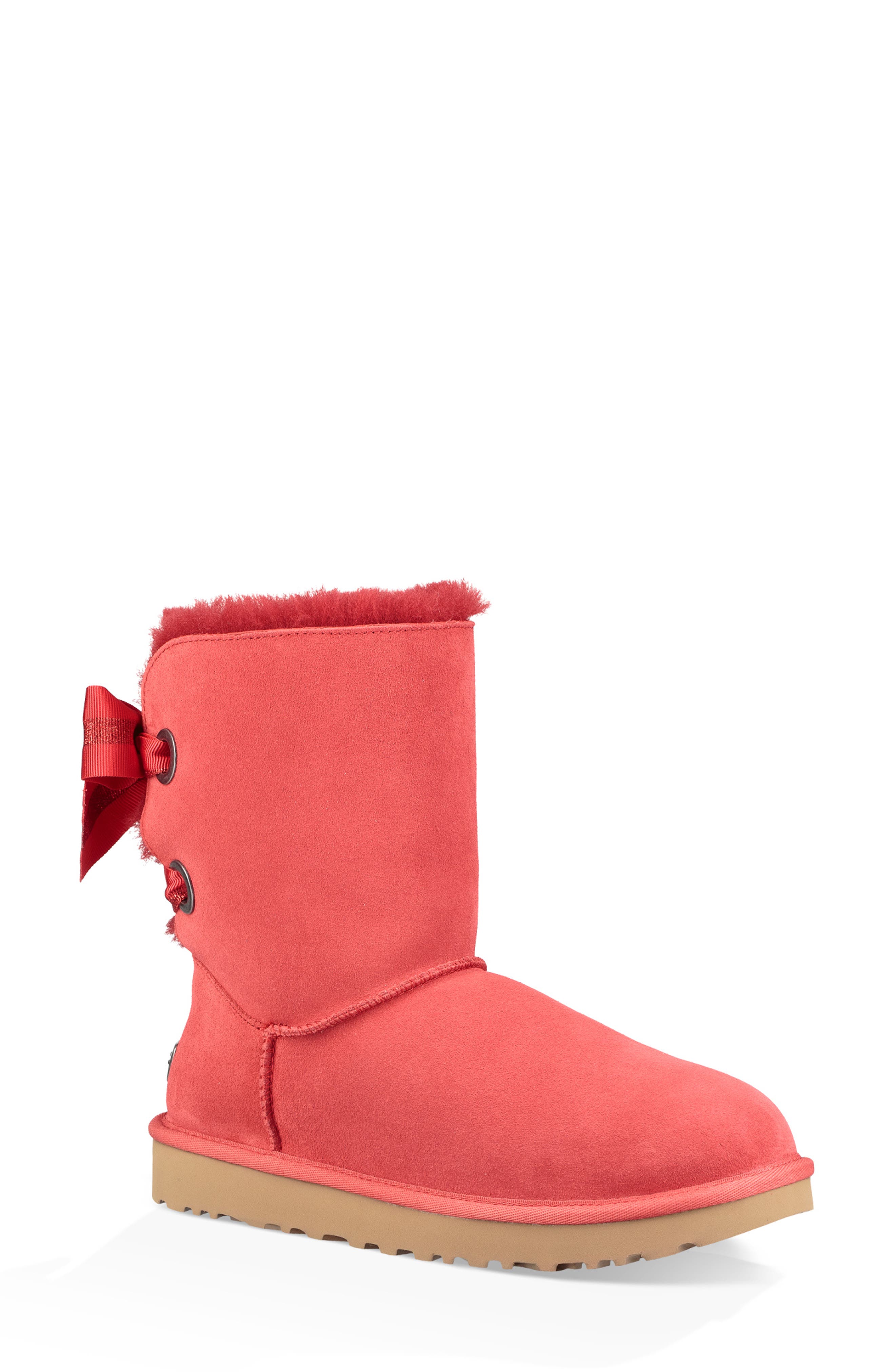 Customizable Bailey Bow Genuine Shearling Bootie, Main, color, RIBBON RED SUEDE