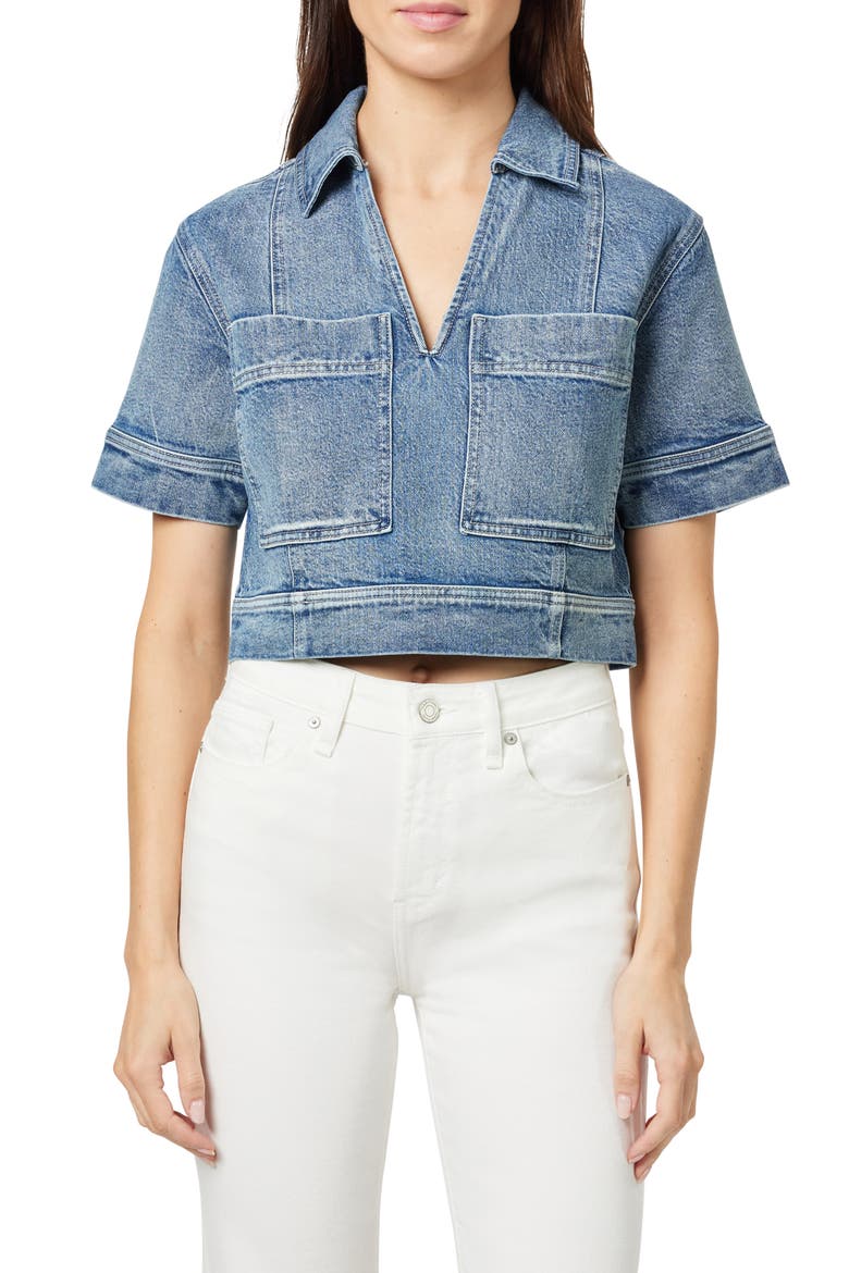 Boxy Crop Denim Shirt, Main, color, MARINE