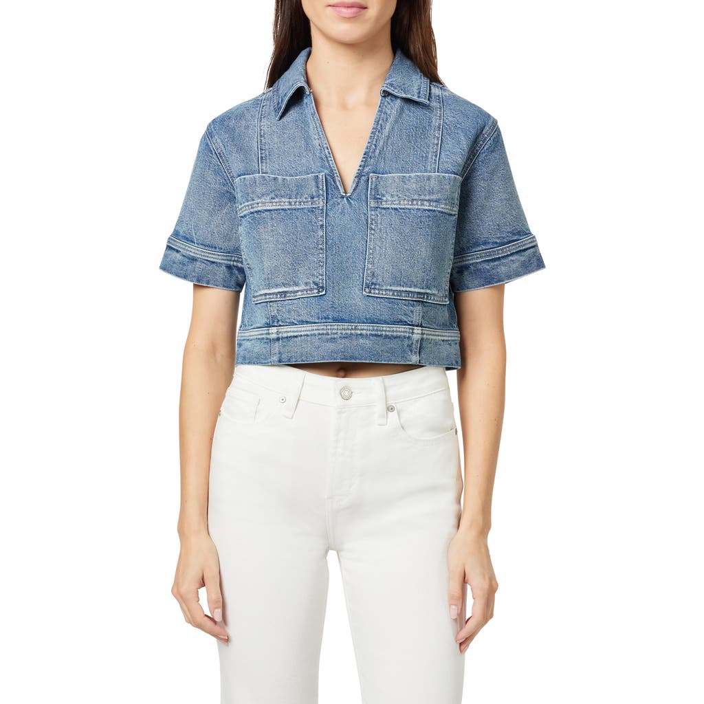 Shop Habitual Boxy Crop Denim Shirt In Marine