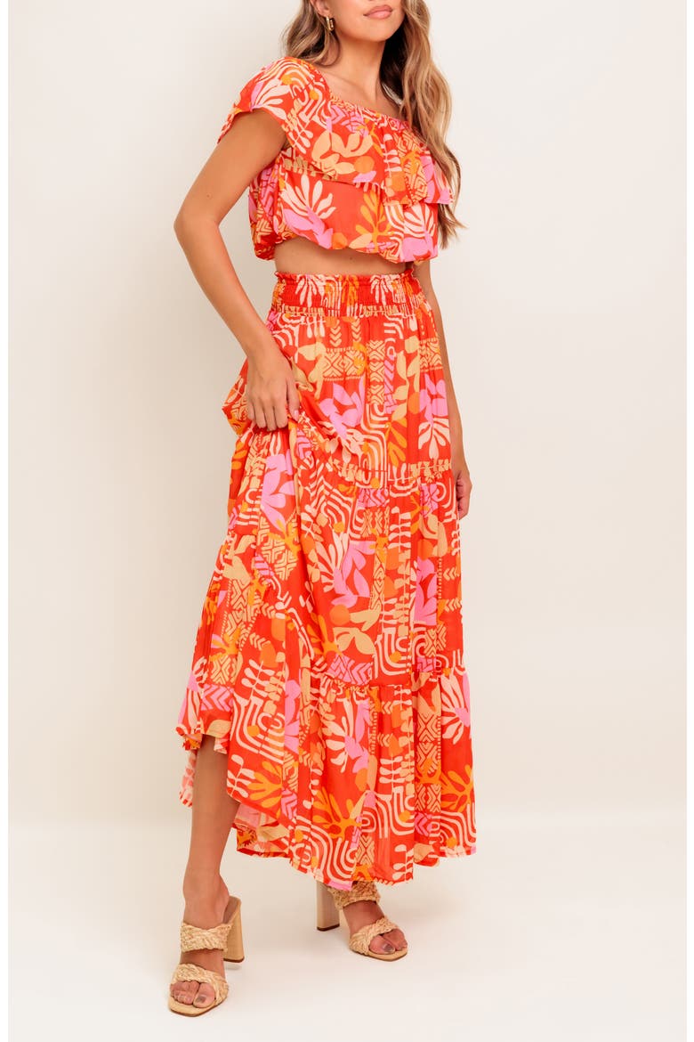Flutter Sleeve Crop Top & Maxi Skirt Set, Alternate, color, RED