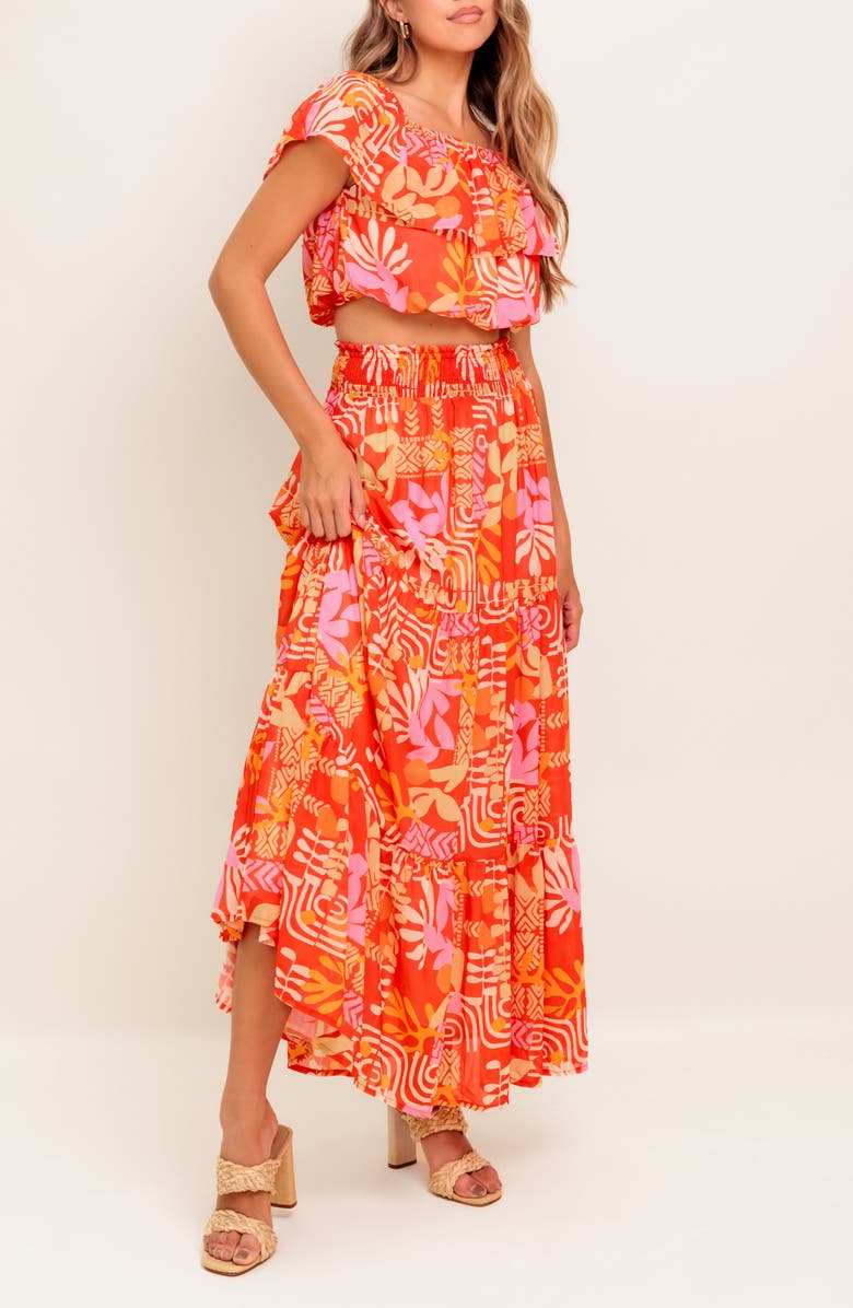 FLYING TOMATO Flutter Sleeve Crop Top & Maxi Skirt Set, Alternate, color, Red
