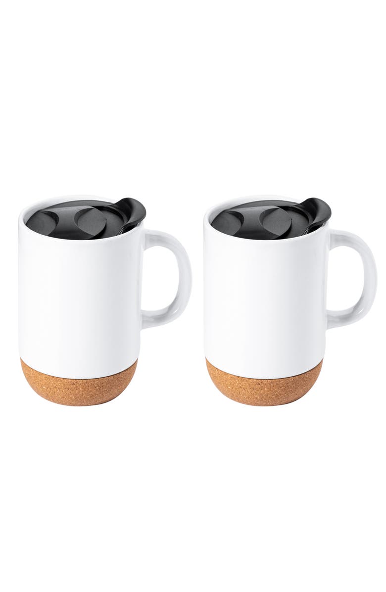 Gibson Home Modani 2 Piece 16.5 Ounce Stoneware Mug Set with Lid and Cork Base, Alternate, color, White