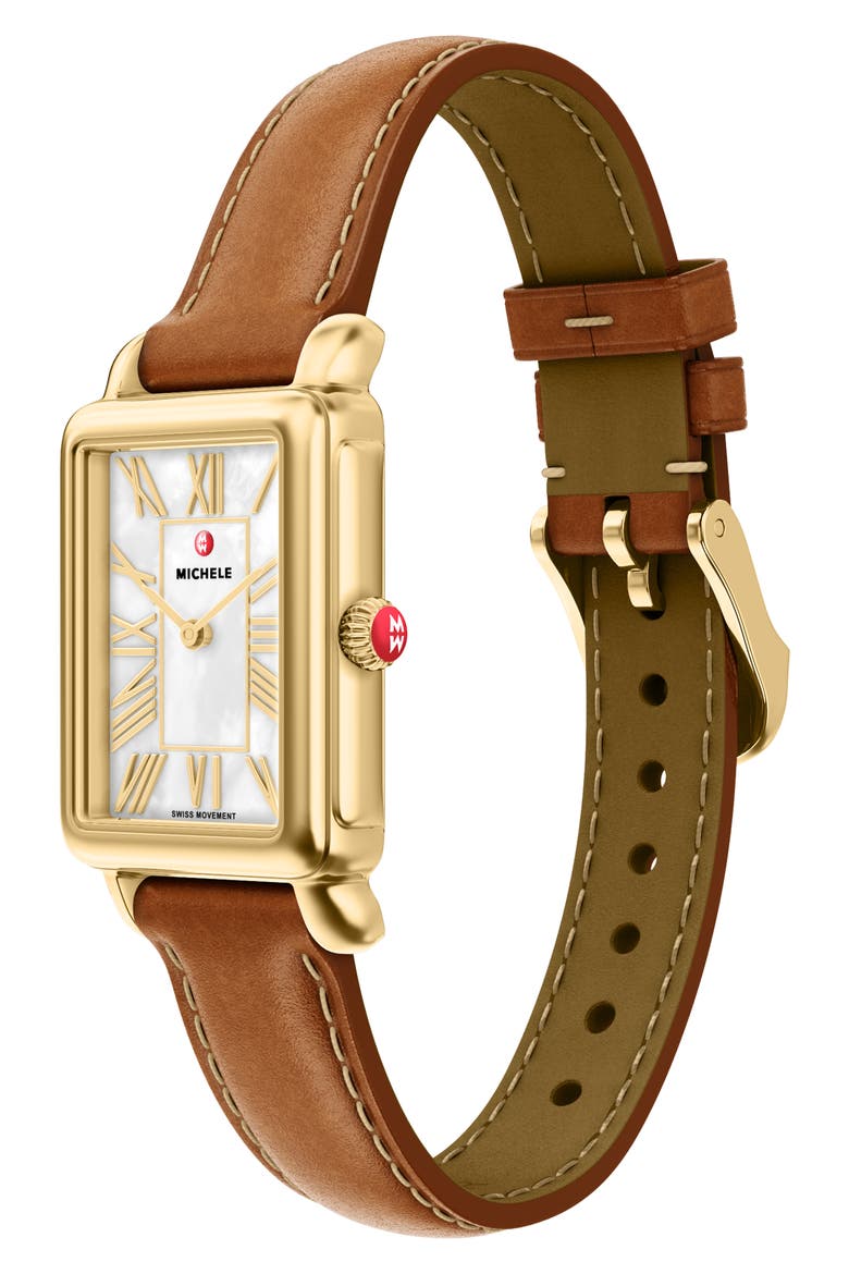 Deco Park Mother-of-Pearl Leather Strap Watch, 23mm x 29mm, Alternate, color, BROWN / GOLD
