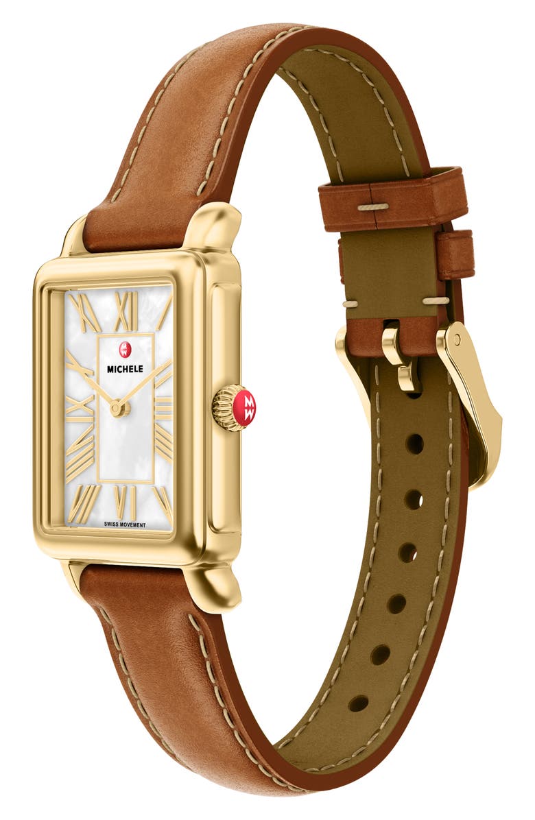 MICHELE Deco Park Mother-of-Pearl Leather Strap Watch, 23mm x 29mm, Alternate, color, Brown / Gold