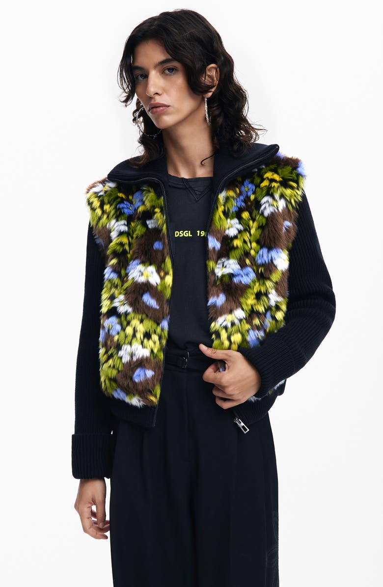 Desigual Lyon Faux Fur Mixed Media Knit Jacket, Alternate, color, 