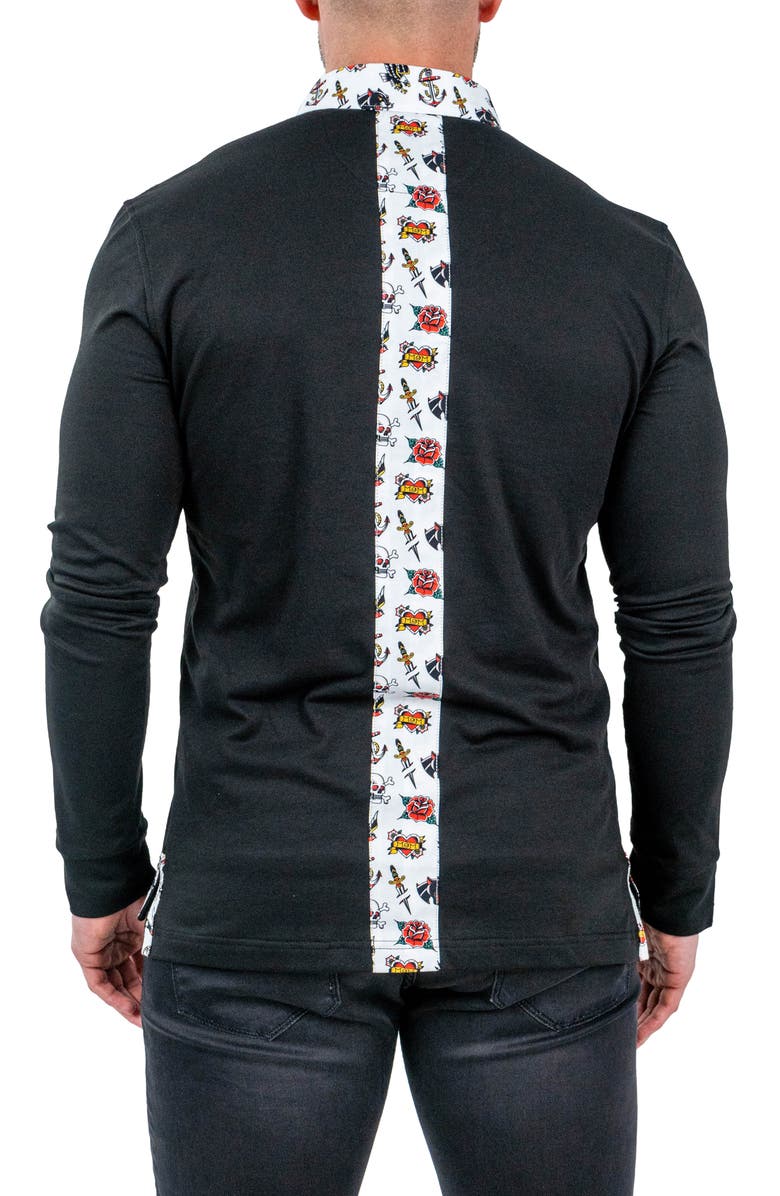 Maceoo Newton Solid Tattoo Print Accent Long Sleeve Cotton Polo, Alternate, color, 