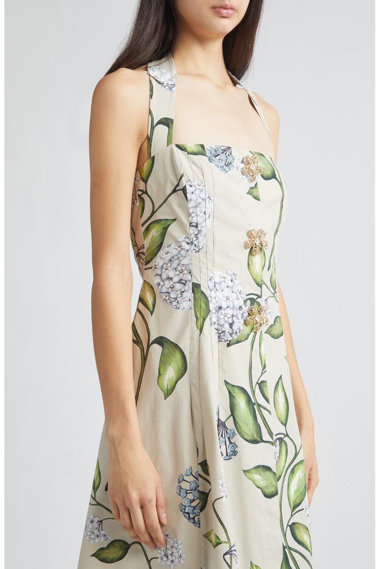 Porcelain Flowers Stretch Cotton Poplin Halter Neck Dress, Alternate, color, DENIM/ OATMEAL