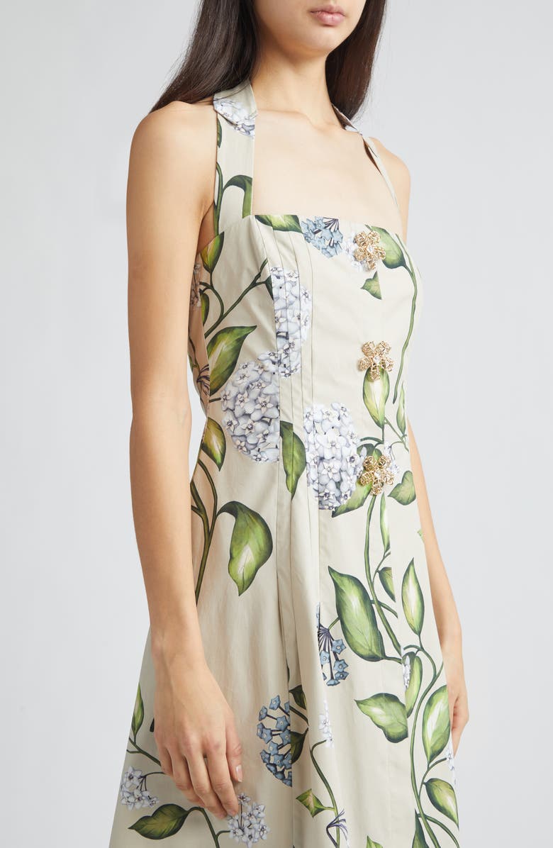 Oscar de la Renta Porcelain Flowers Stretch Cotton Poplin Halter Neck Dress, Alternate, color, Denim/ Oatmeal