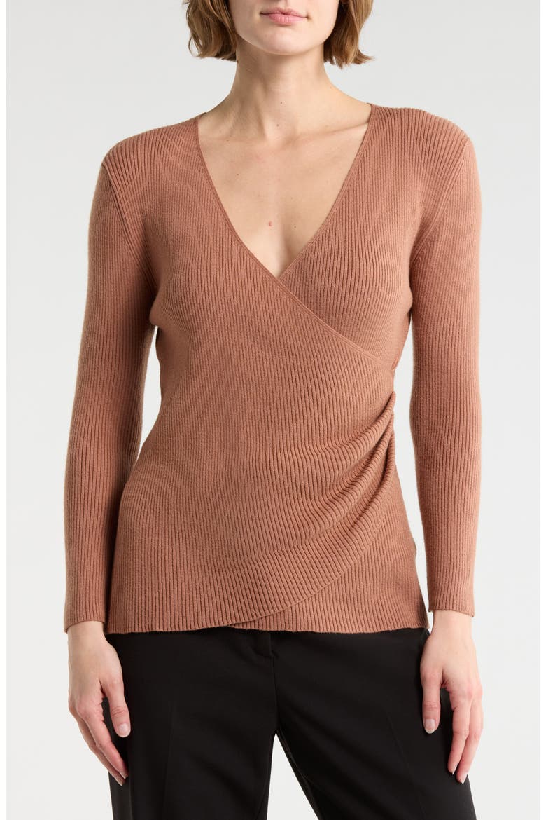 Three-Quarter Sleeve Faux Wrap Sweater, Main, color, ROSE GOLD