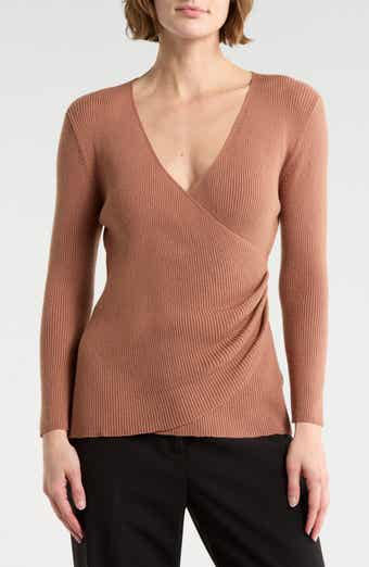 MAX STUDIO Three-Quarter Sleeve Faux Wrap Sweater