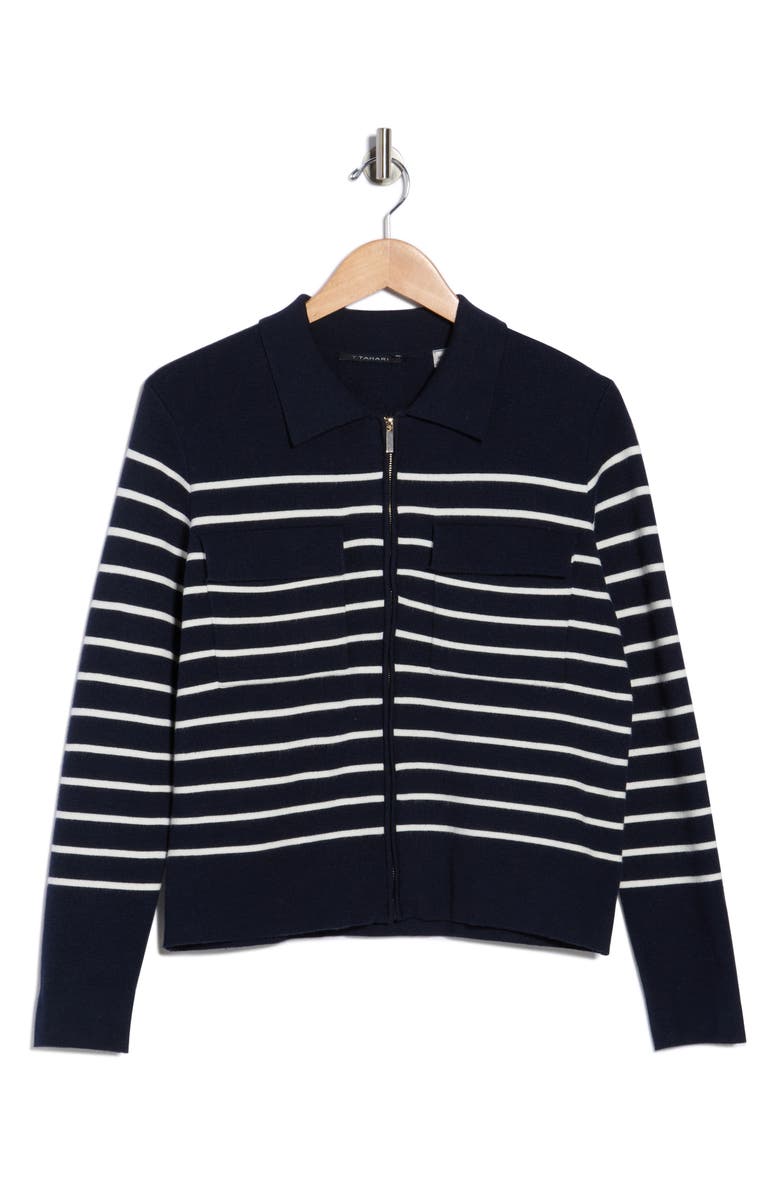 T Tahari Milano Stripe Crop Sweater Jacket, Main, color, Navy Blue/ White Star Stripe