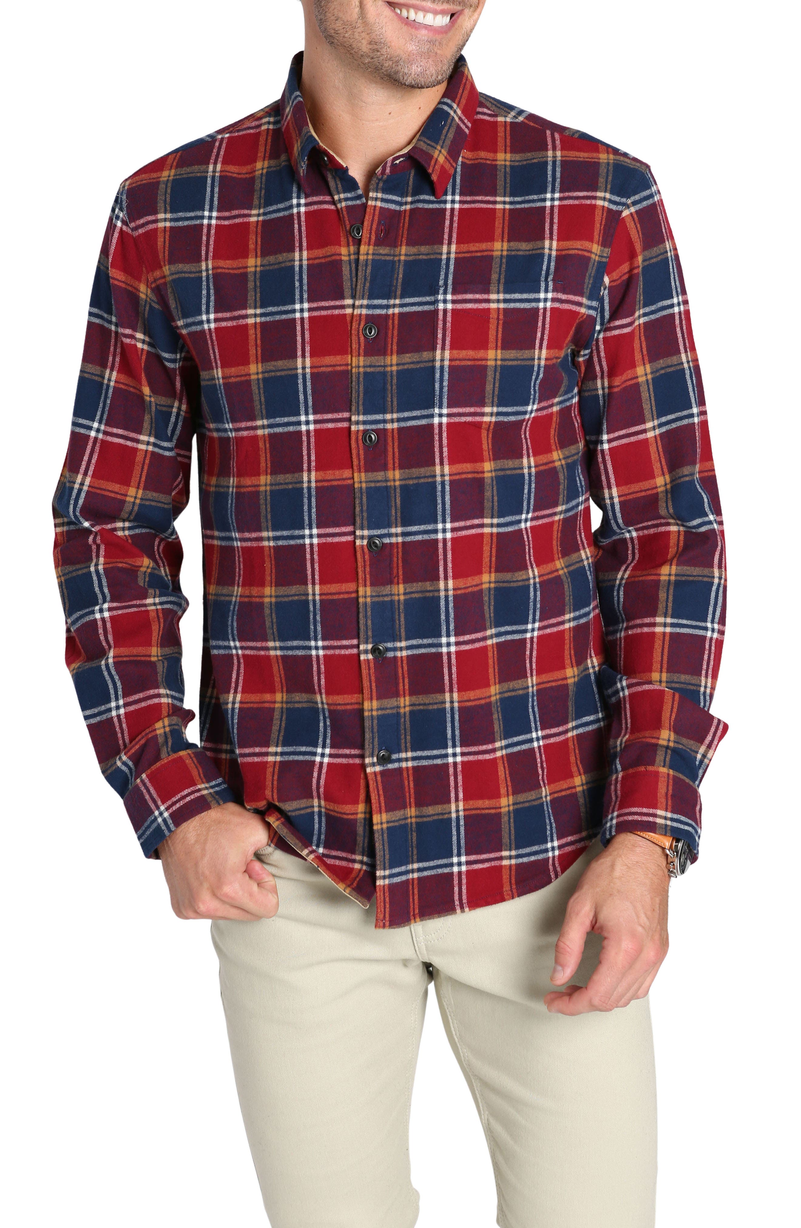 JACHS Plaid Long Sleeve Stretch Cotton Button-Up Shirt