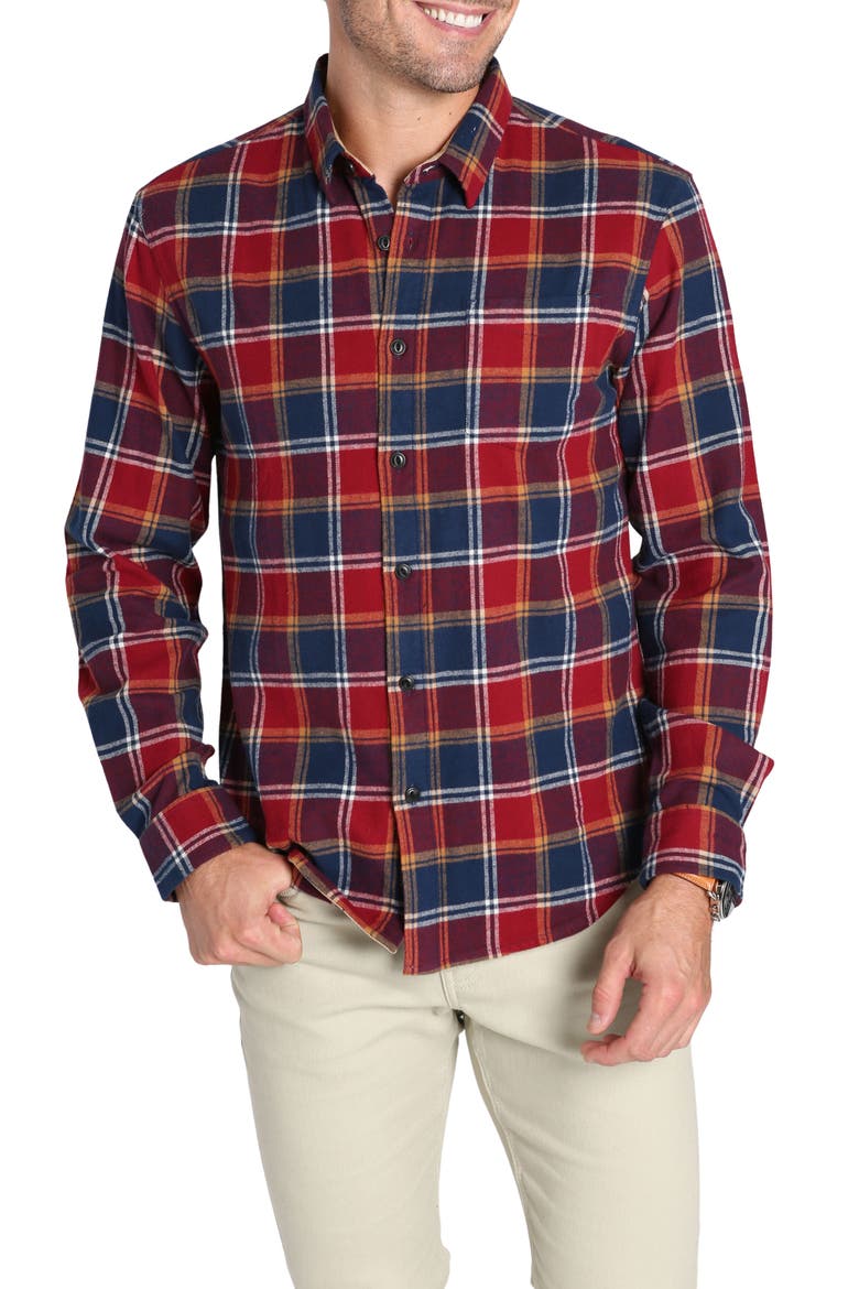 Plaid Long Sleeve Stretch Cotton Button-Up Shirt, Main, color, RED NAVY PLAID FLANNEL