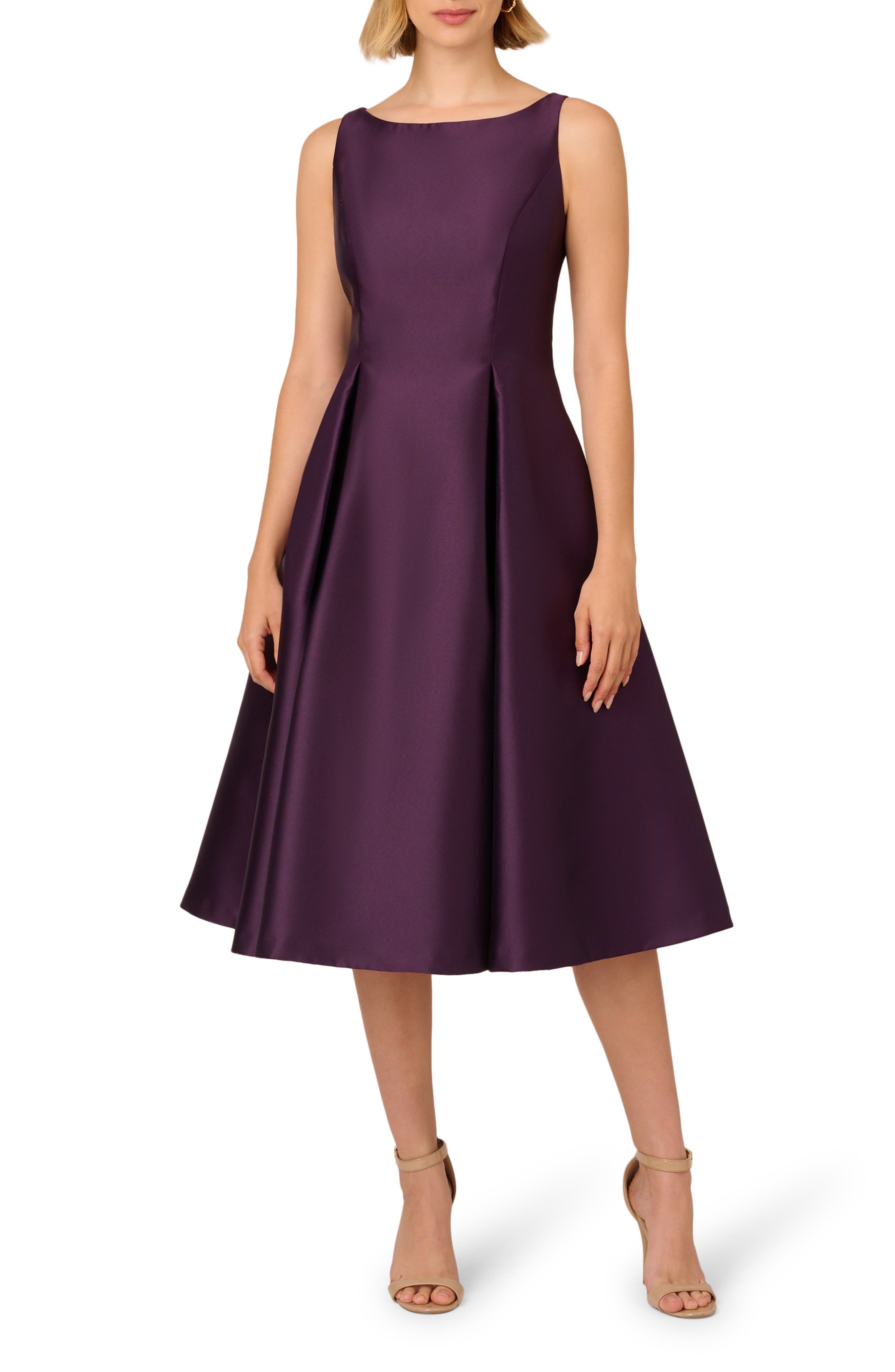 Adrianna Papell Sleeveless Mikado Fit & Flare Midi Dress in Luxe Plum 