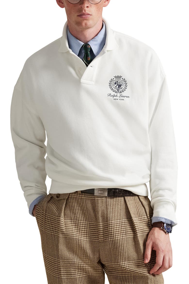 Relaxed Fit Fleece Graphic Polo Sweatshirt, Main, color, WHITE