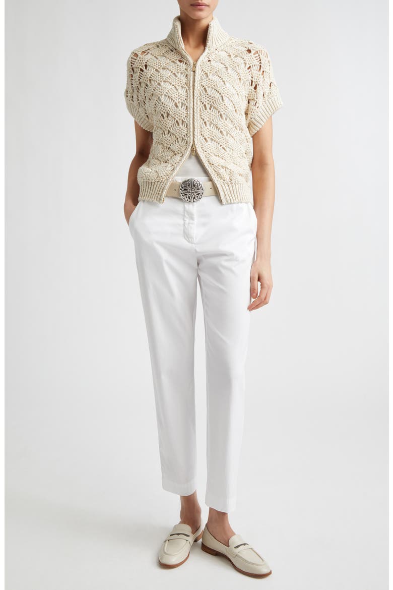 Sequin Crochet Short Sleeve Cardigan, Alternate, color, IVORY