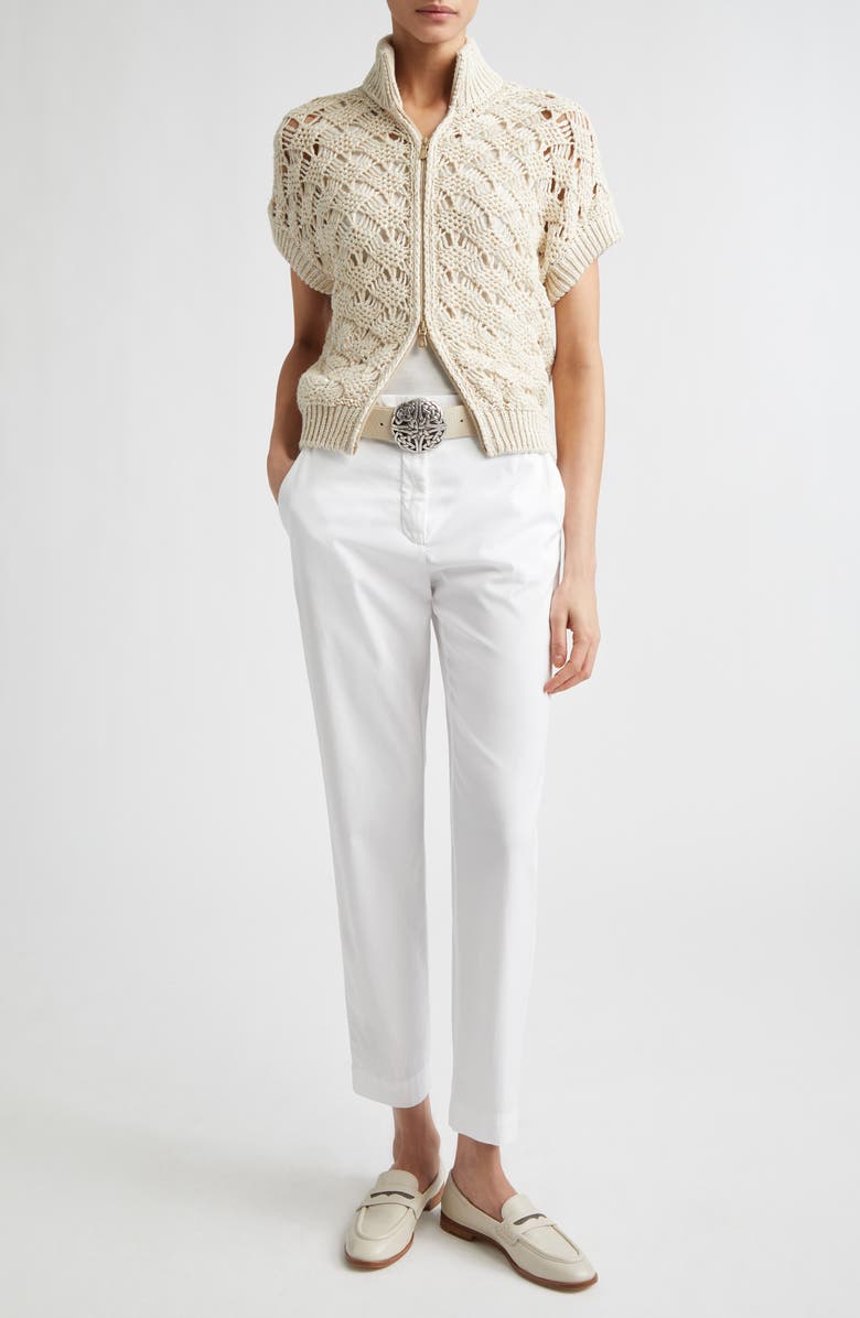 Eleventy Sequin Crochet Short Sleeve Cardigan, Alternate, color, Ivory