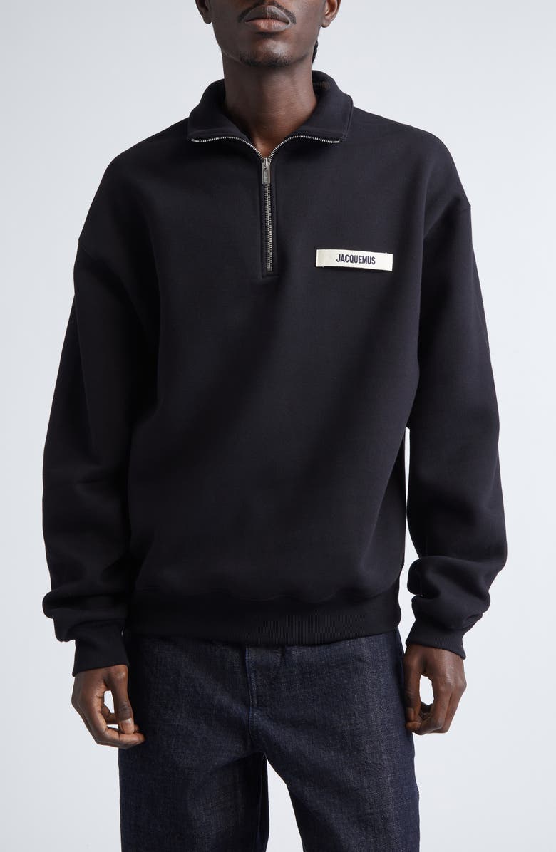 Jacquemus Le Camionneur Gros Grain Half Zip Fleece Sweatshirt, Main, color, Black