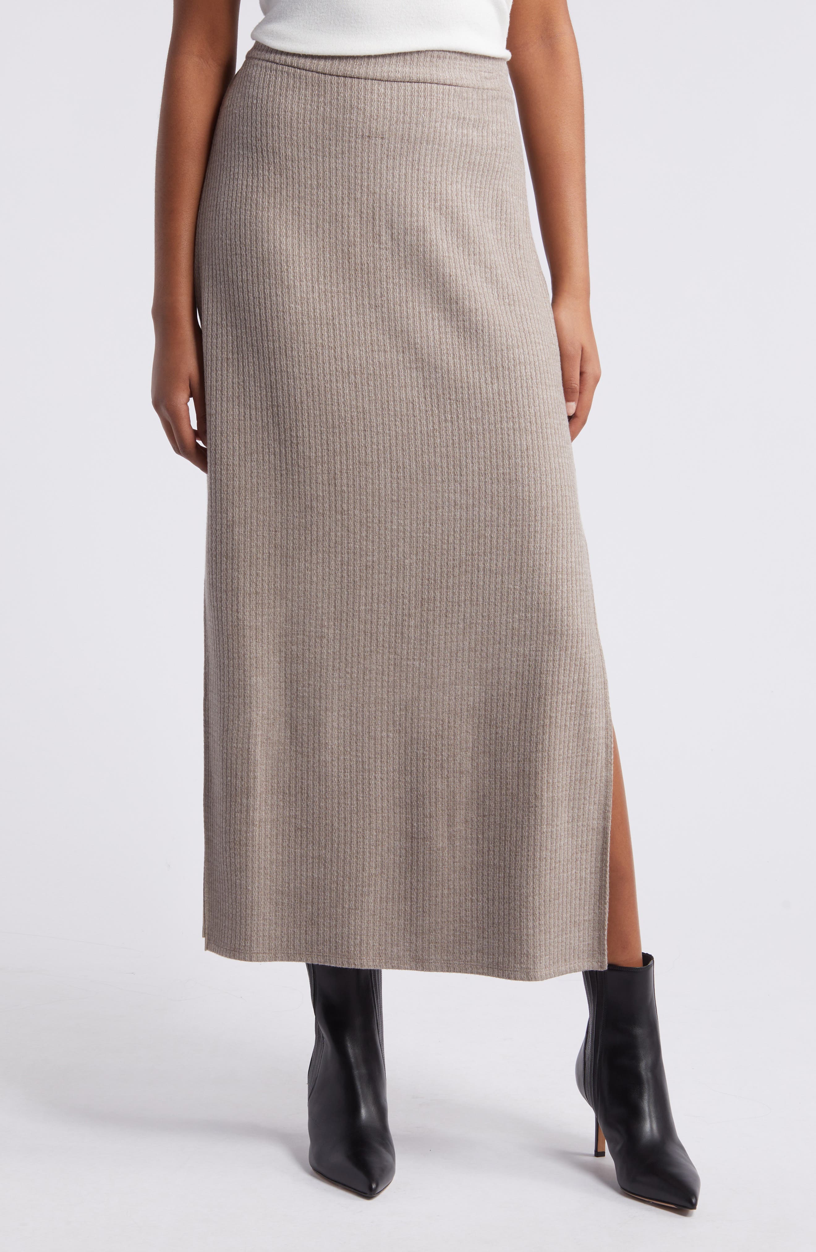 beige sweater grey skirt