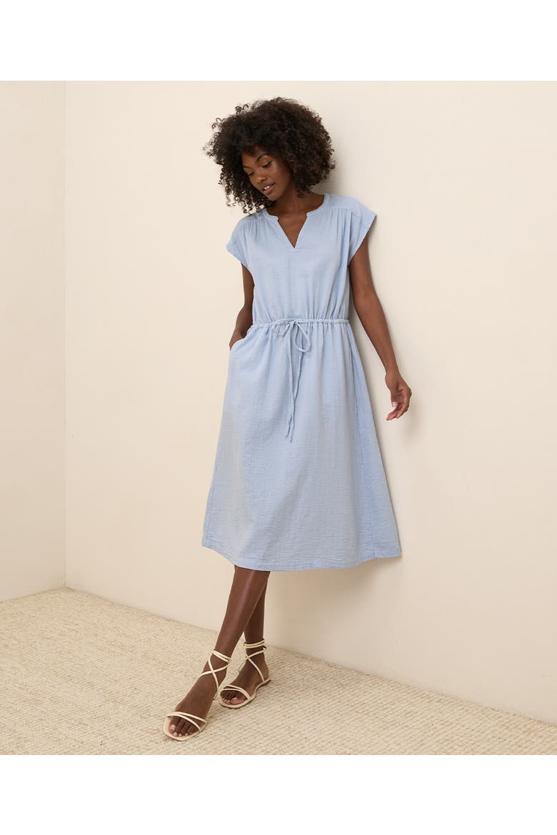 Organic Cotton Coastal Double Gauze Tie Waist Midi Dress, Alternate, color, Cornflower Blue