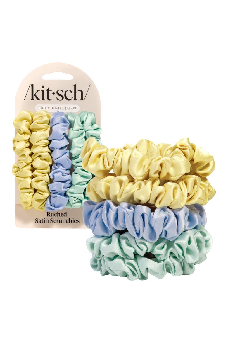 5-Pack Assorted Ruched Satin Scrunchies, Main, color, YELLOW MULTI
