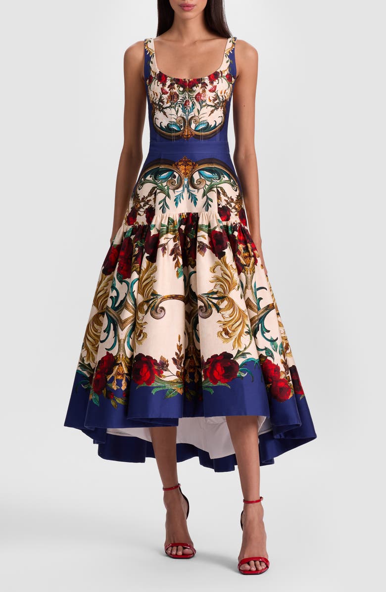 Alice + Olivia Diana Print High-Low Midi Dress, Main, color, Gilded Rose