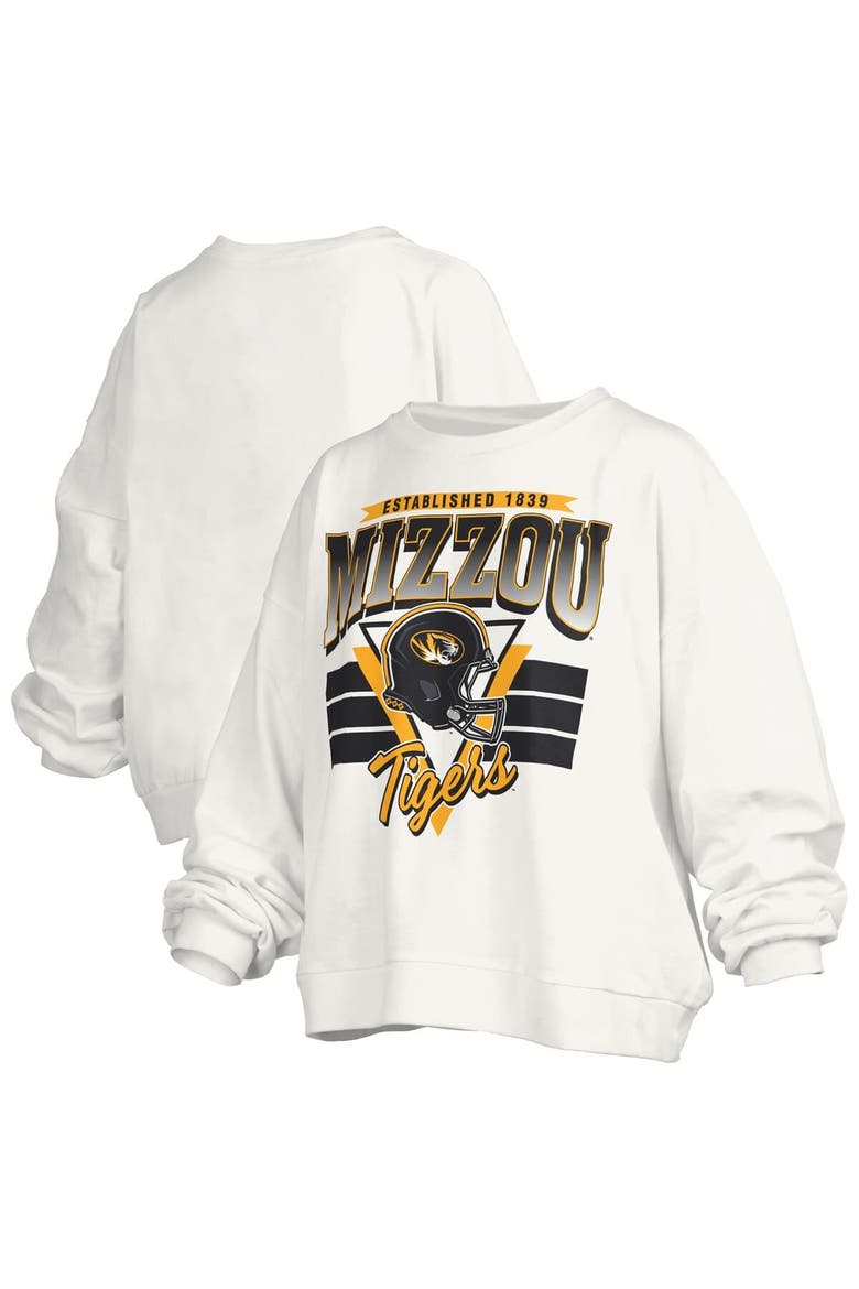 Women's Pressbox White Missouri Tigers Oversized Janice Retro Waist-Length Pullover Sweatshirt, Main, color, White