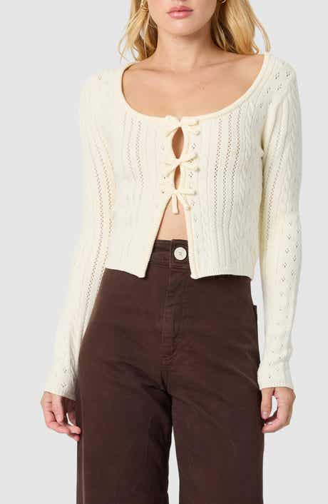 All in Favor Bow Split Front Pointelle Cardigan