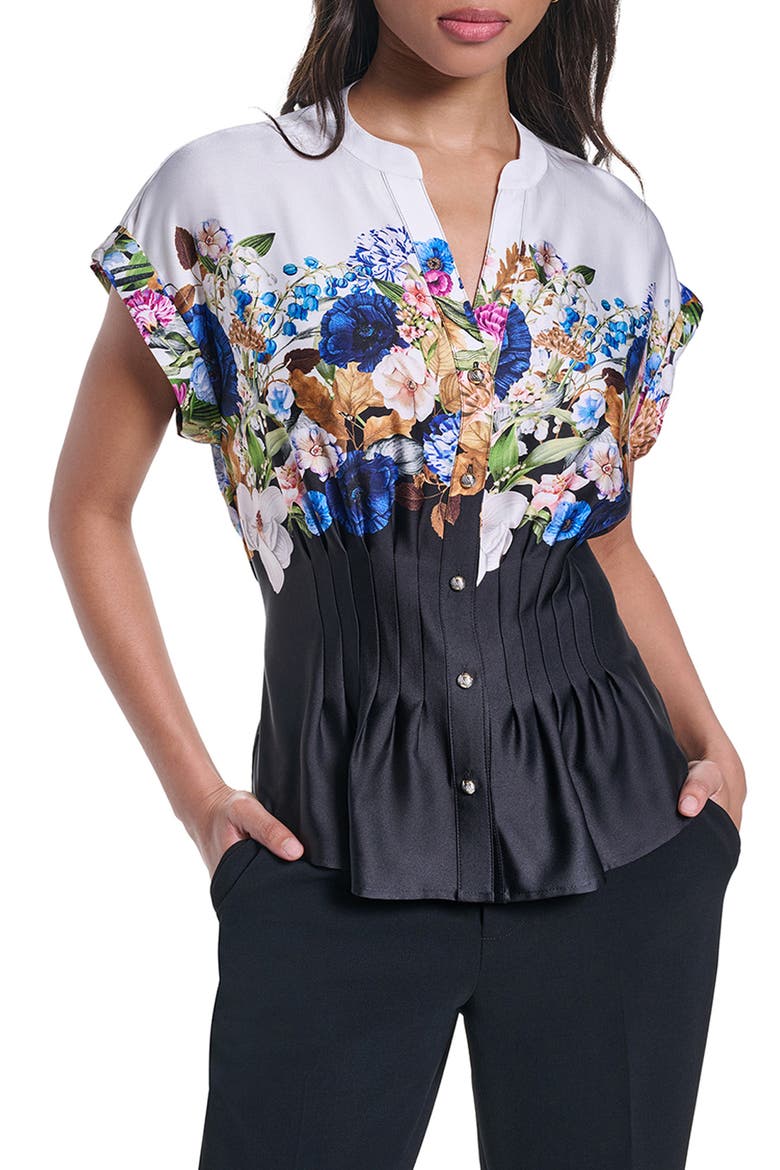 Floral Pleated Top, Main, color, SOFT WHITE/ BLACK MULTI