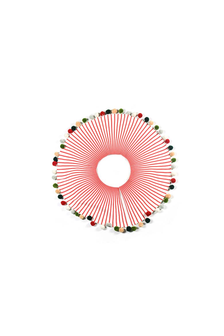 Red Stripe Tree Skirt with Pom Poms, Alternate, color, Red