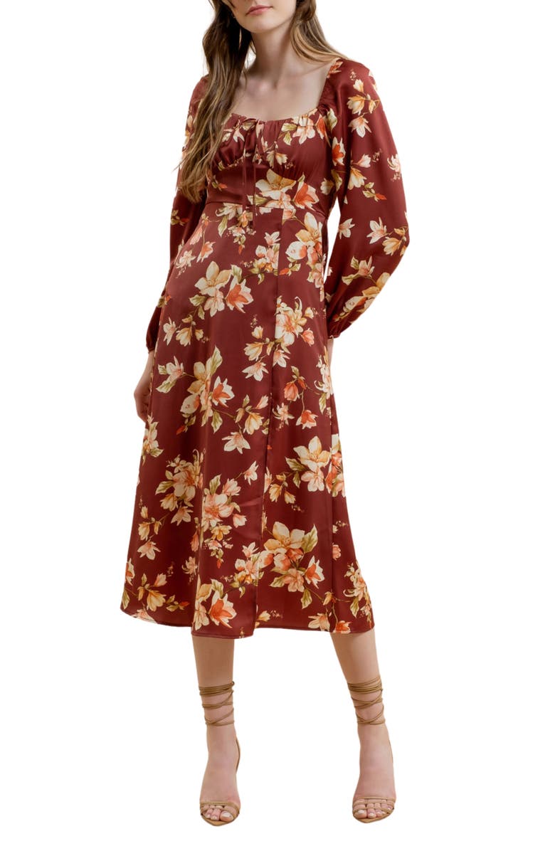 Blu Pepper Floral Long Sleeve Midi Dress, Main, color, Burgundy Multi
