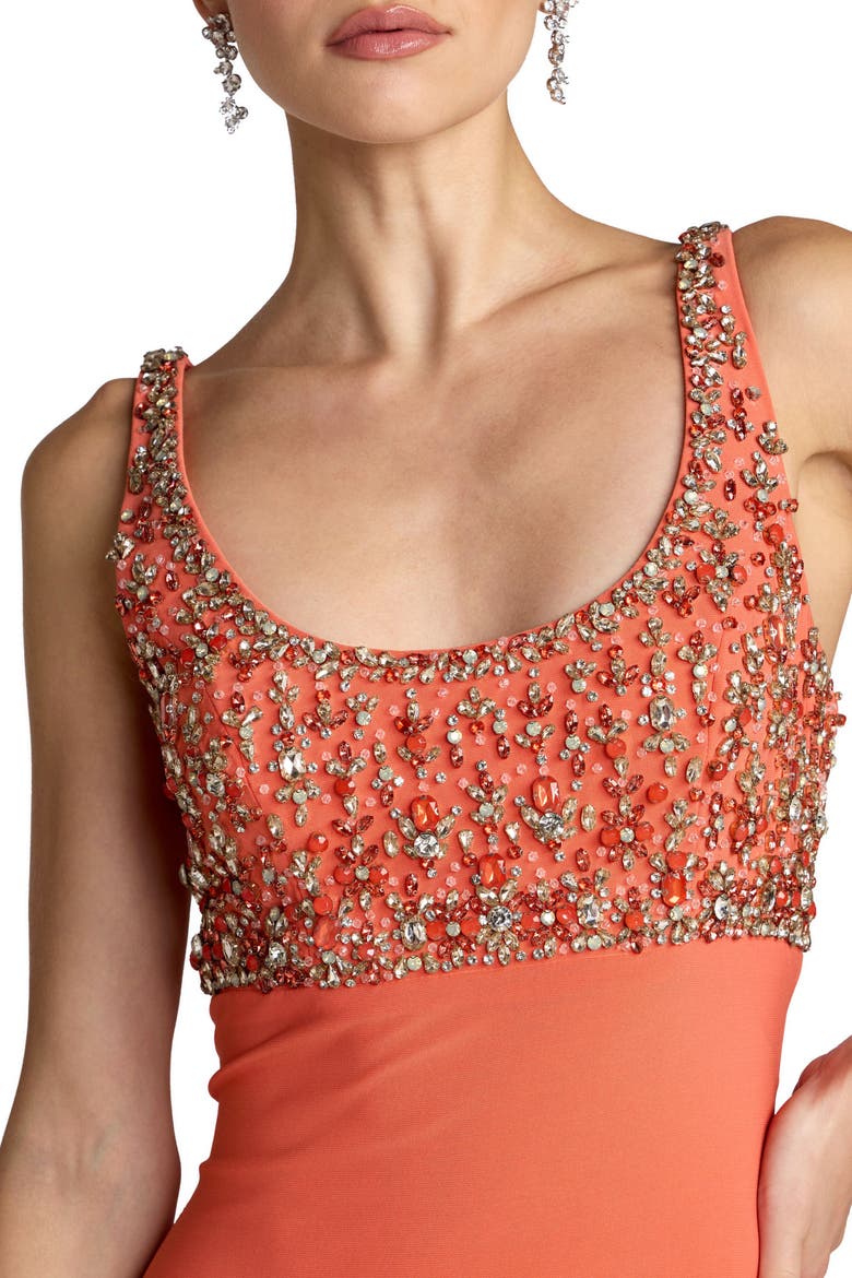 Sleeveless Scoop Neck Embellished Jersey Gown, Alternate, color, Coral