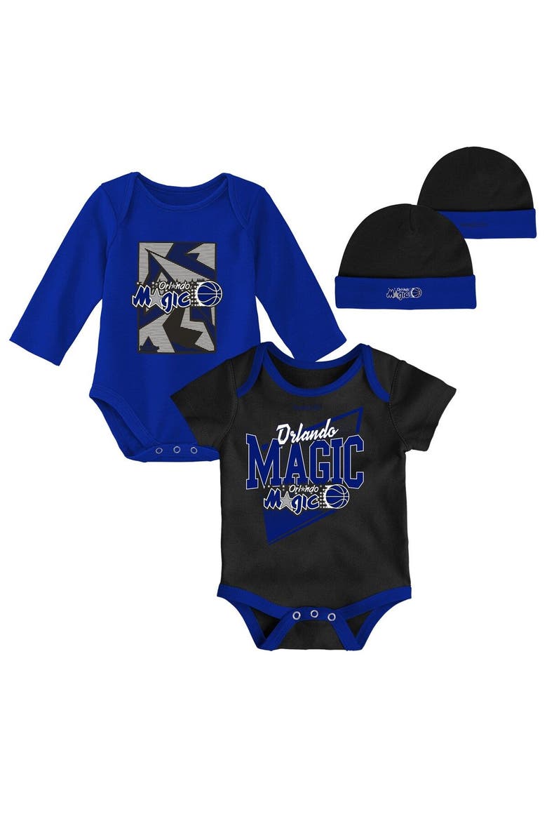 Infant Mitchell & Ness Black/Blue Orlando Magic Hardwood Classics Bodysuits & Cuffed Knit Hat Set, Main, color, Black