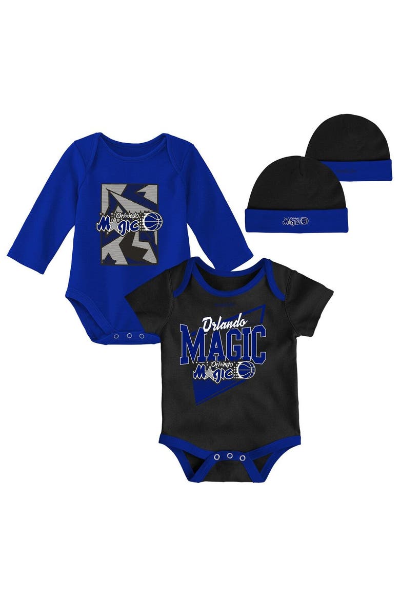 Mitchell & Ness Infant Mitchell & Ness Black/Blue Orlando Magic Hardwood Classics Bodysuits & Cuffed Knit Hat Set, Main, color, Black