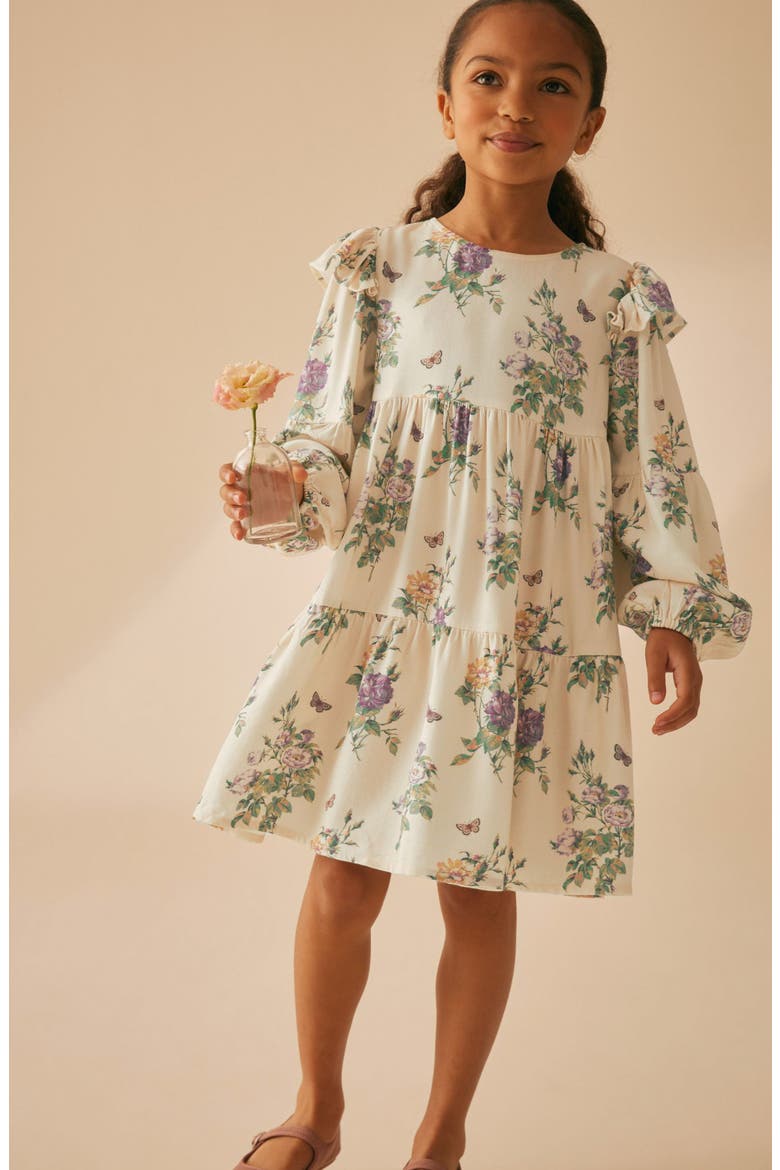Kids' Floral Tiered Ruffle Long Sleeve Dress, Alternate, color, CREAM PURPLE FLORAL