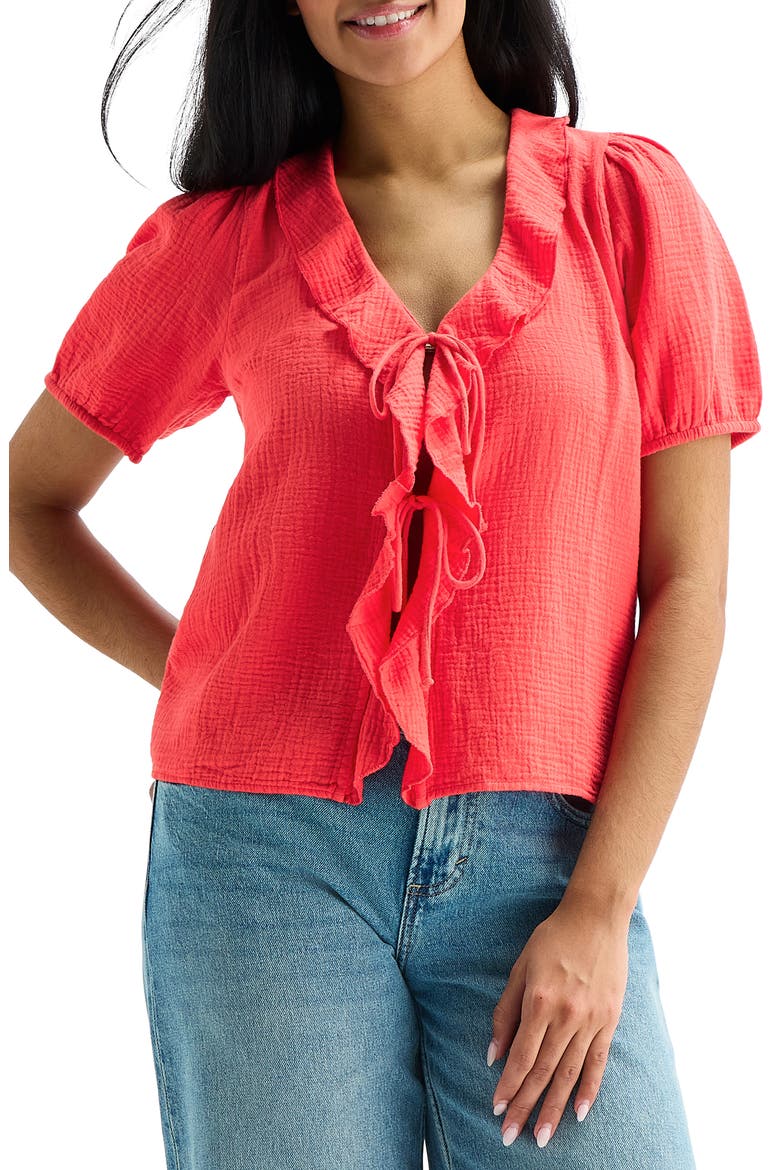 Ruffle Tie Front Cotton Top, Main, color, BITTERSWEET