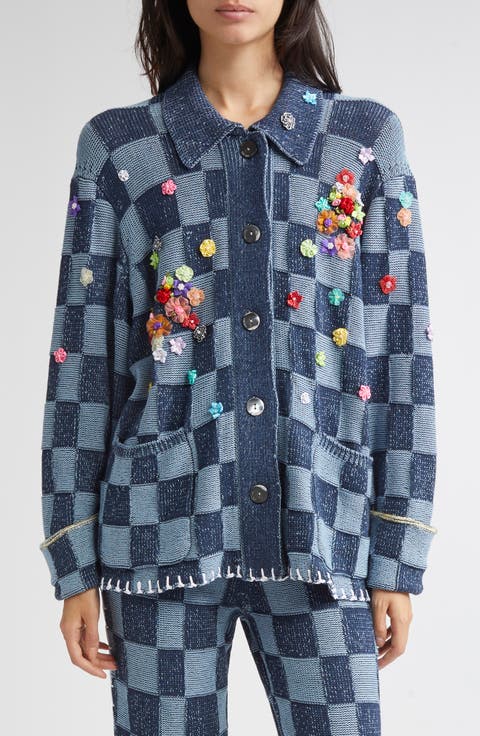 Floral Ribbon Checkerboard Knit Work Jacket