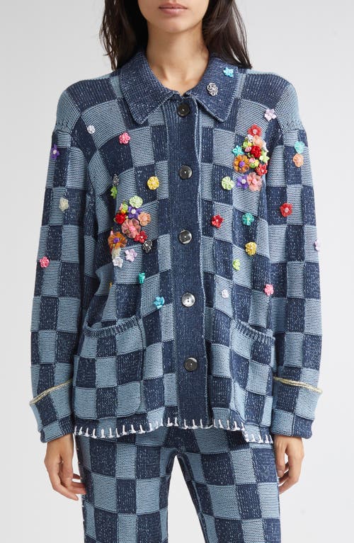 YanYan Floral Ribbon Checkerboard Knit Work Jacket in Denim 