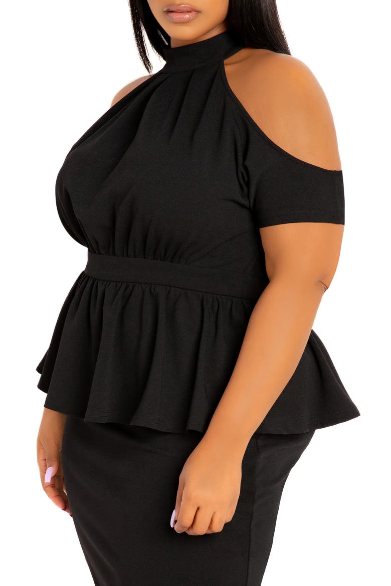 Cold Shoulder Peplum Midi Dress, Alternate, color, BLACK