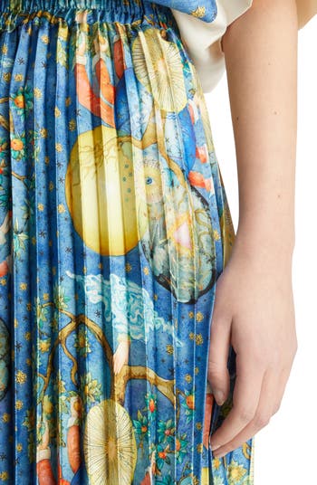 Mixed Print Pleated Satin Skirt