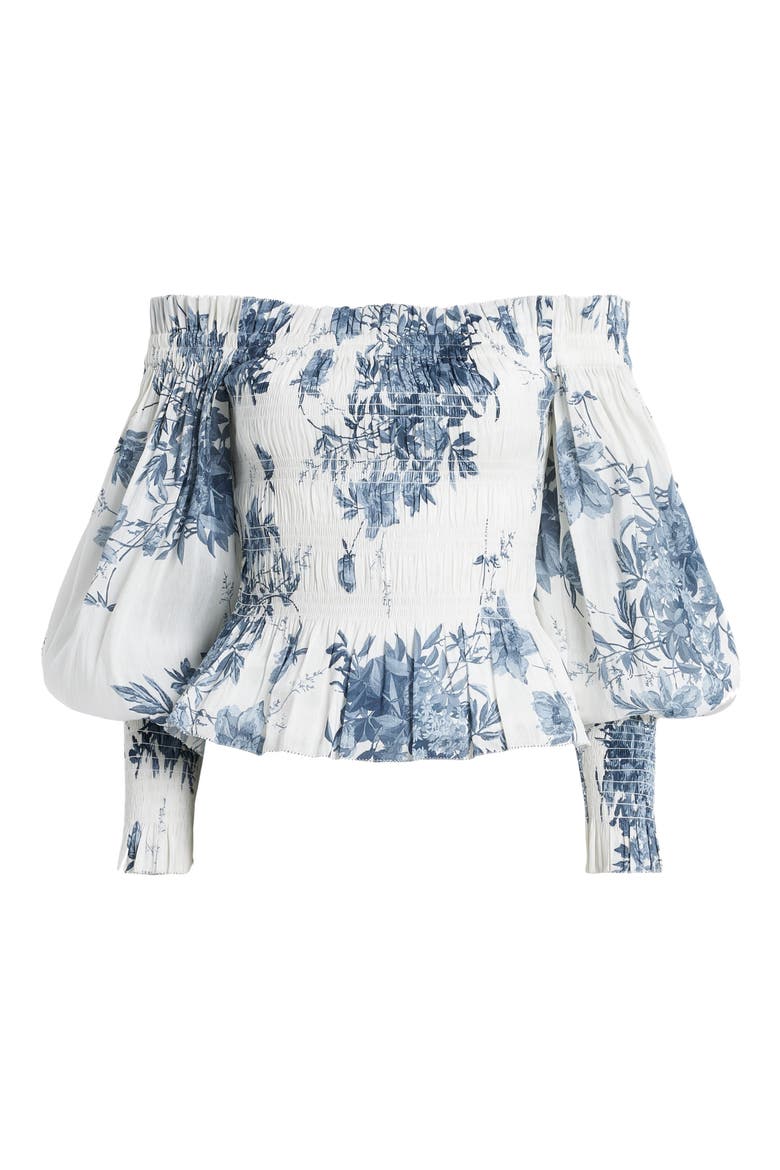 Lara Dekorah Off the Shoulder Smocked Linen & Silk Top, Alternate, color, DENIM BLUE