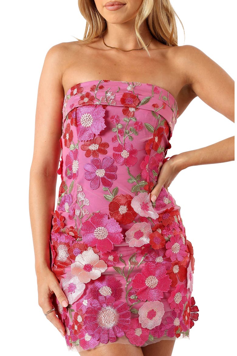 Butterfields Embroidered Floral Strapless Minidress, Alternate, color, HOT PINK
