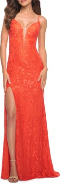 La Femme Papaya Stretch Lace Prom Dress with Deep V Neckline