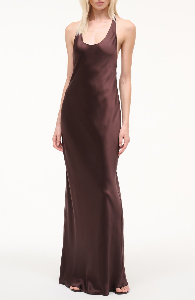 STAUD Juanita Racerback Satin Gown, Main, color, Earth