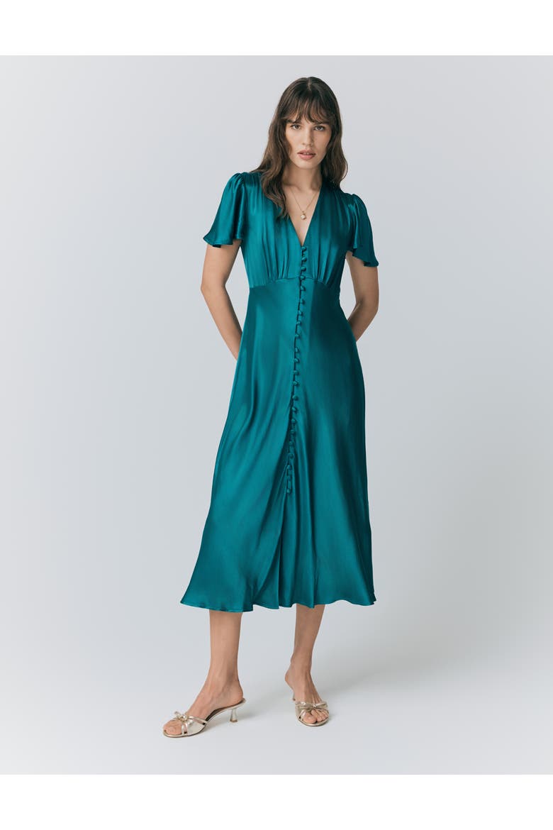 Grace Satin Button V-Neck Dress, Main, color, Emerald Sea