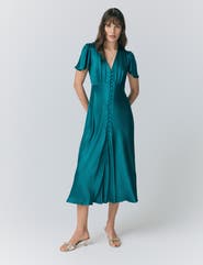 Ghost London Grace Satin Button V-Neck Dress