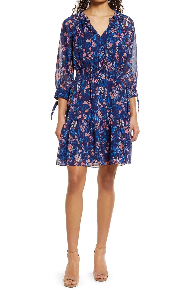 Eliza J Floral Smocked Waist Long Sleeve Dress, Main, color, 