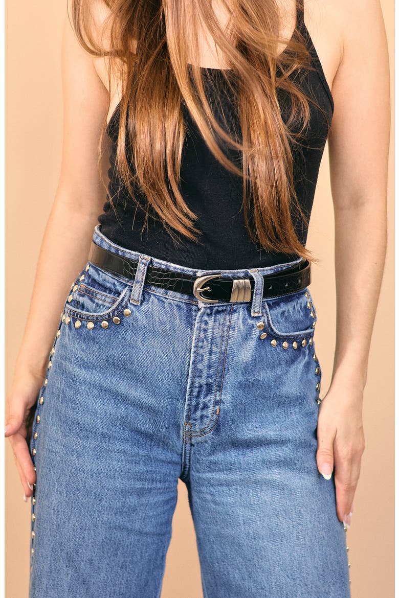 Trio Croc Embossed Faux Leather Belt, Alternate, color, BLACK CROC/ SILVER
