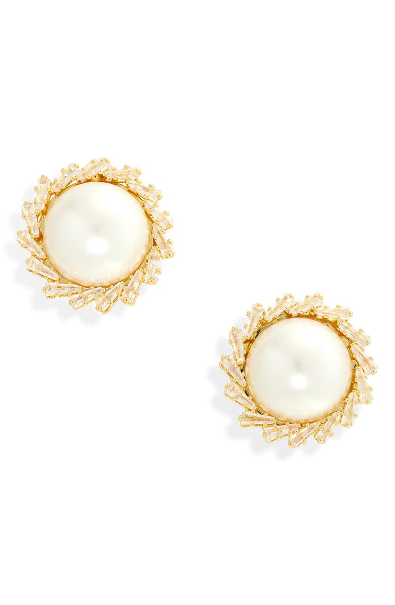 Tasha Faux Pearl & Cubic Zirconia Button Stud Earrings, Main, color, Gold