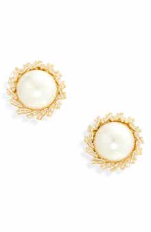 Tasha Faux Pearl & Cubic Zirconia Button Stud Earrings